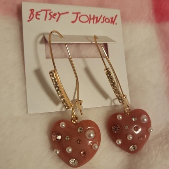 BETSEY JOHNSON SET Valentine’s Pink Marbled Heart Necklace and Earrings NEW NWT - Picture 6 of 8